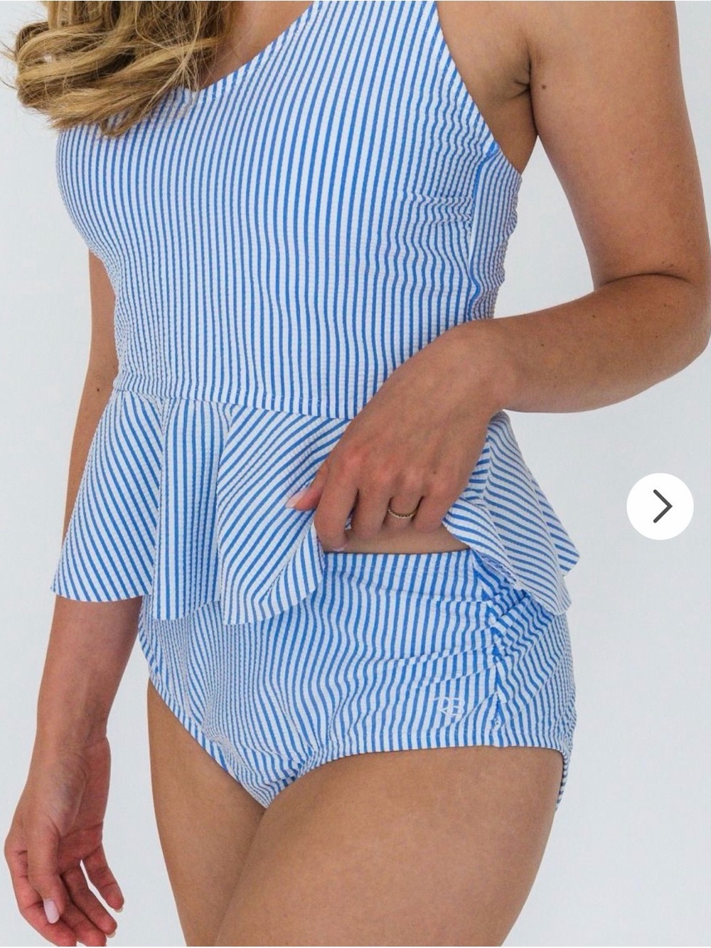 Ruffle Butts Light Blue and White Striped Peplum Swim Bottoms